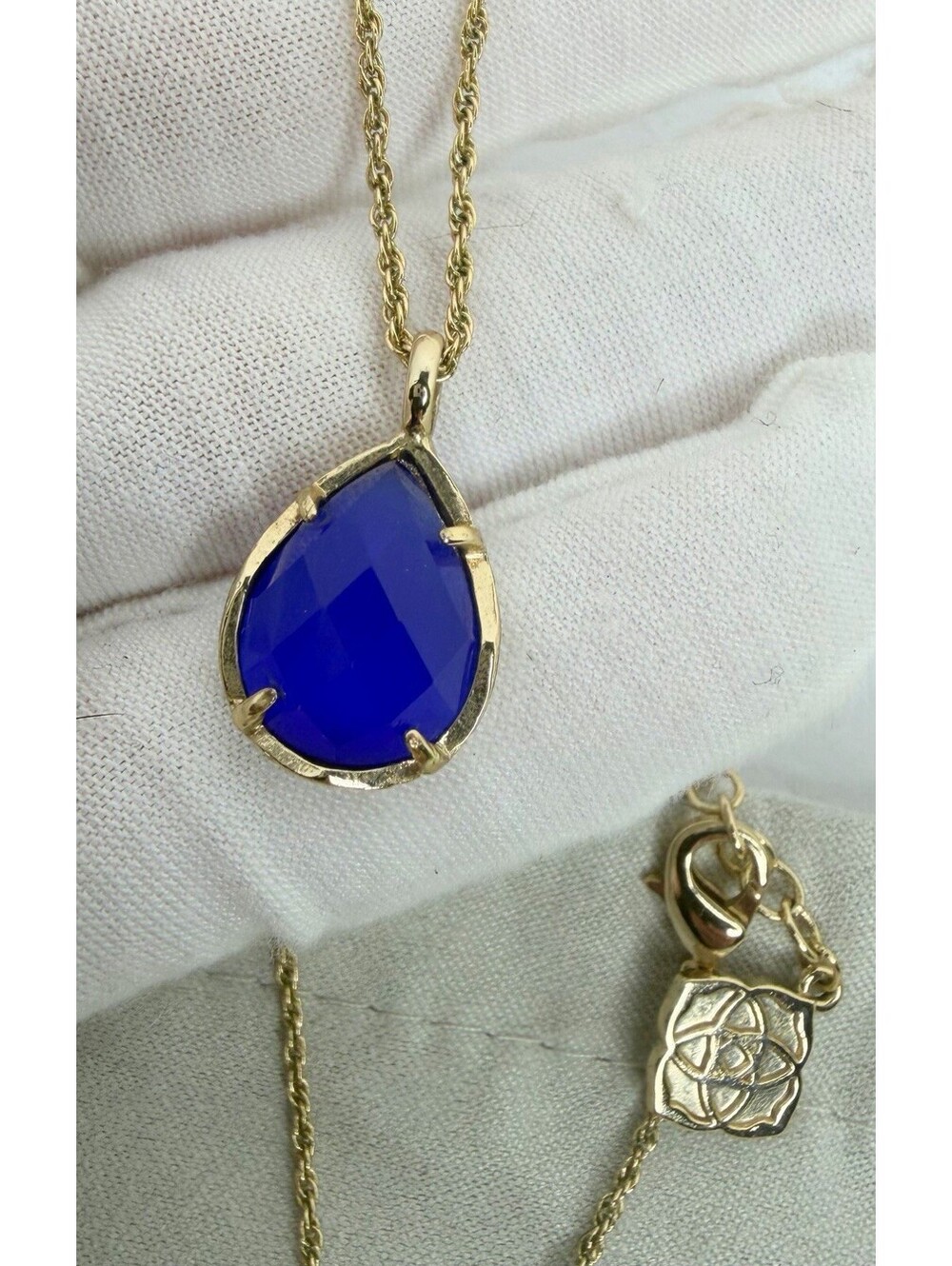 Kendra Scott Kirk Pendant Necklace Gold Cobalt Blue Cats Eye Glass Teardrop